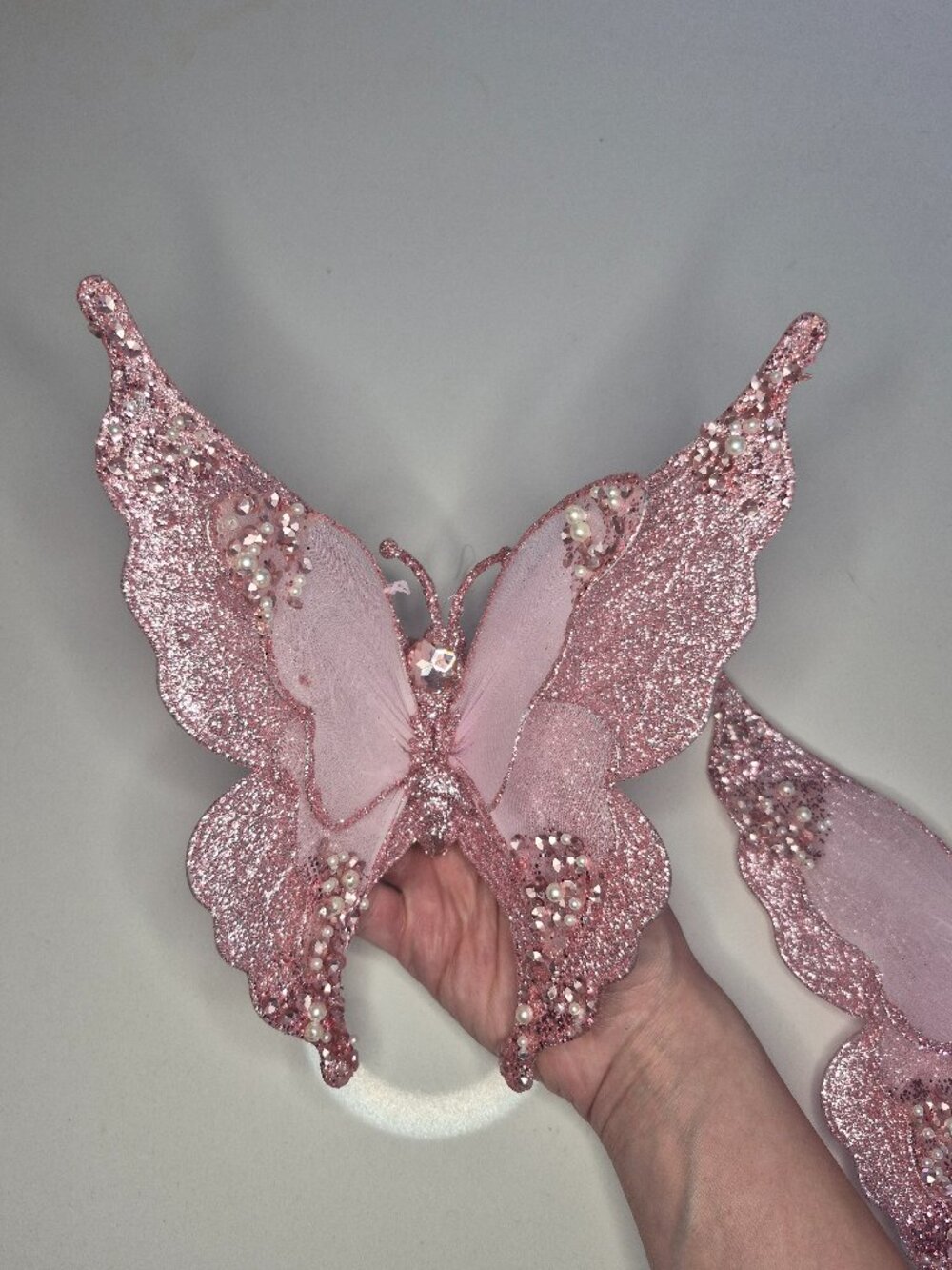Set of 2 Large Pink Glitter Butterfly Clip-On Christmas Ornaments Jeweled